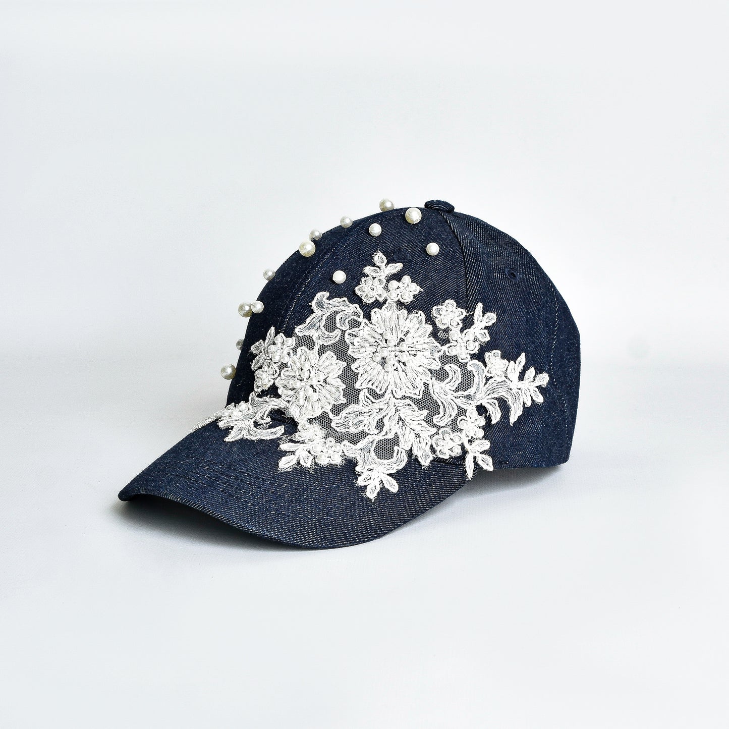 White Lace and Pearls Black Denim Cap