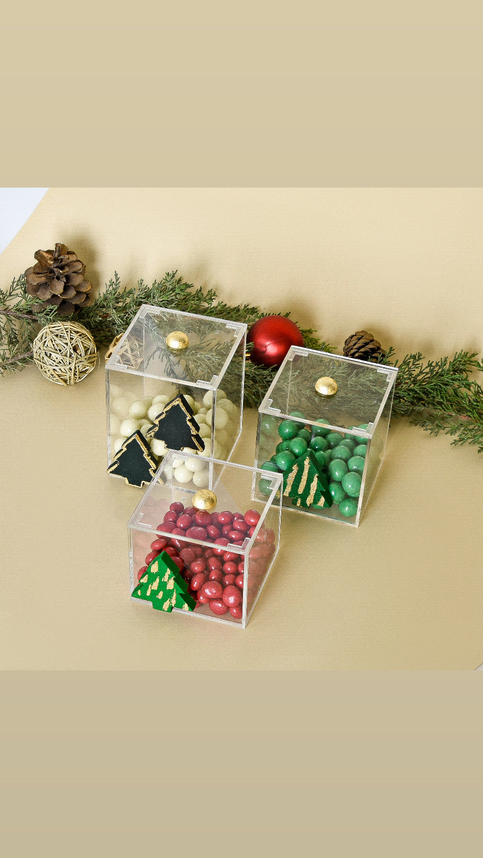 Evergreen Tree Accents with a Touch of Gold – Set of Three Boxes