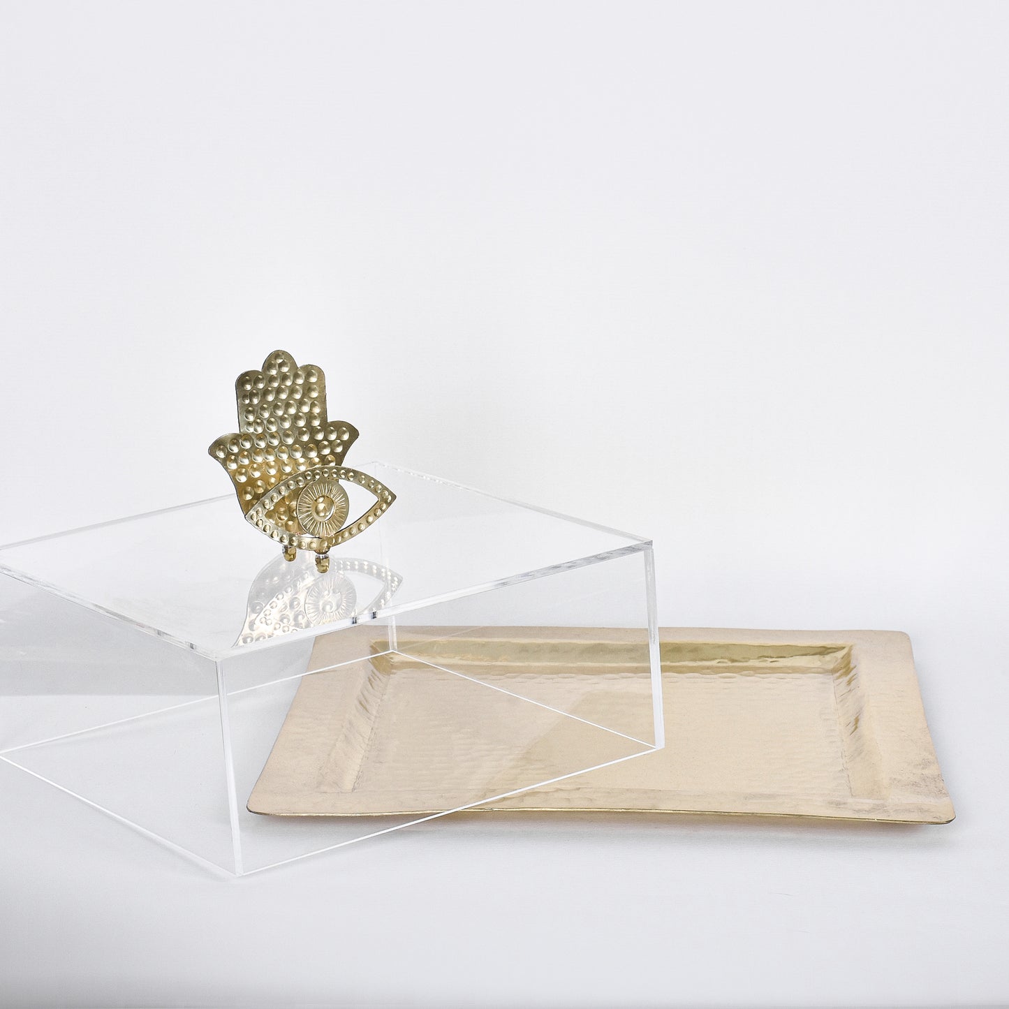 Hammered Fatima Hand & Eye Plexi Cake Stand - Square - Gold