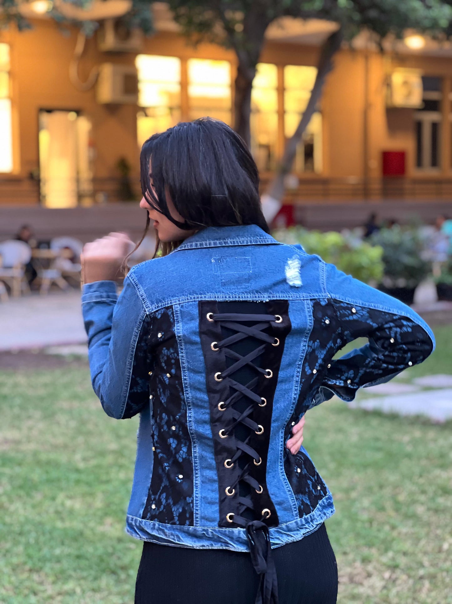 Blue Long With Black Lace and Flowers Open Back Denim Jacket
