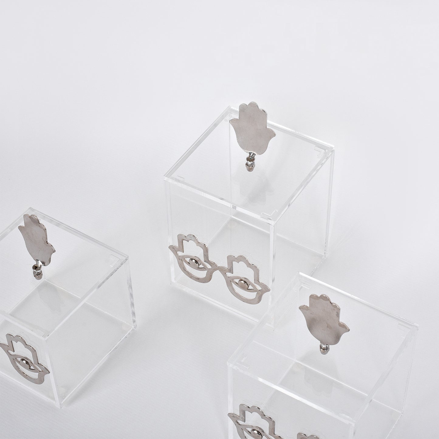 Fatima Hands Square Boxes Set of 3 with Brass Tray - Silver