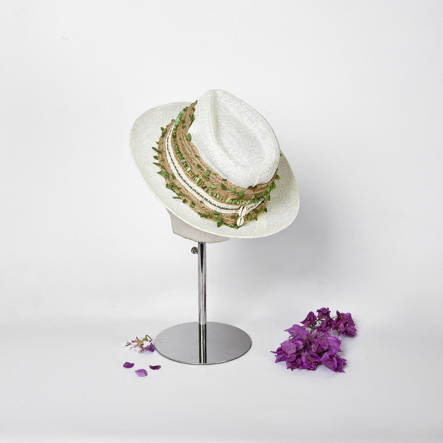 Beige Embellished Hat with Green
