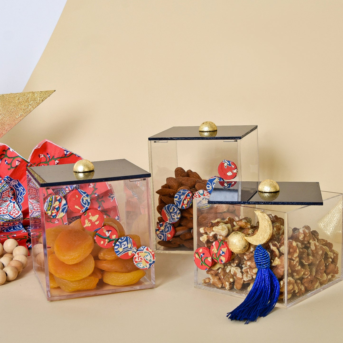 Egyptian Khayamiah Beaded Crescent with Gold Leaf – Acrylic Box Set of Three