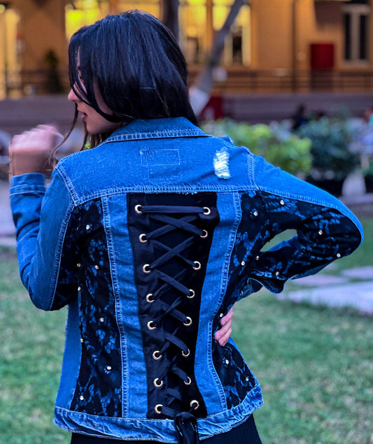Blue Long With Black Lace and Flowers Open Back Denim Jacket