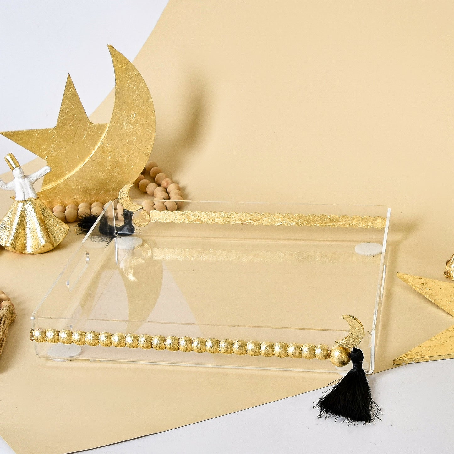 Amber Beaded Crescent with Gold Leaf – Acrylic Serving Tray