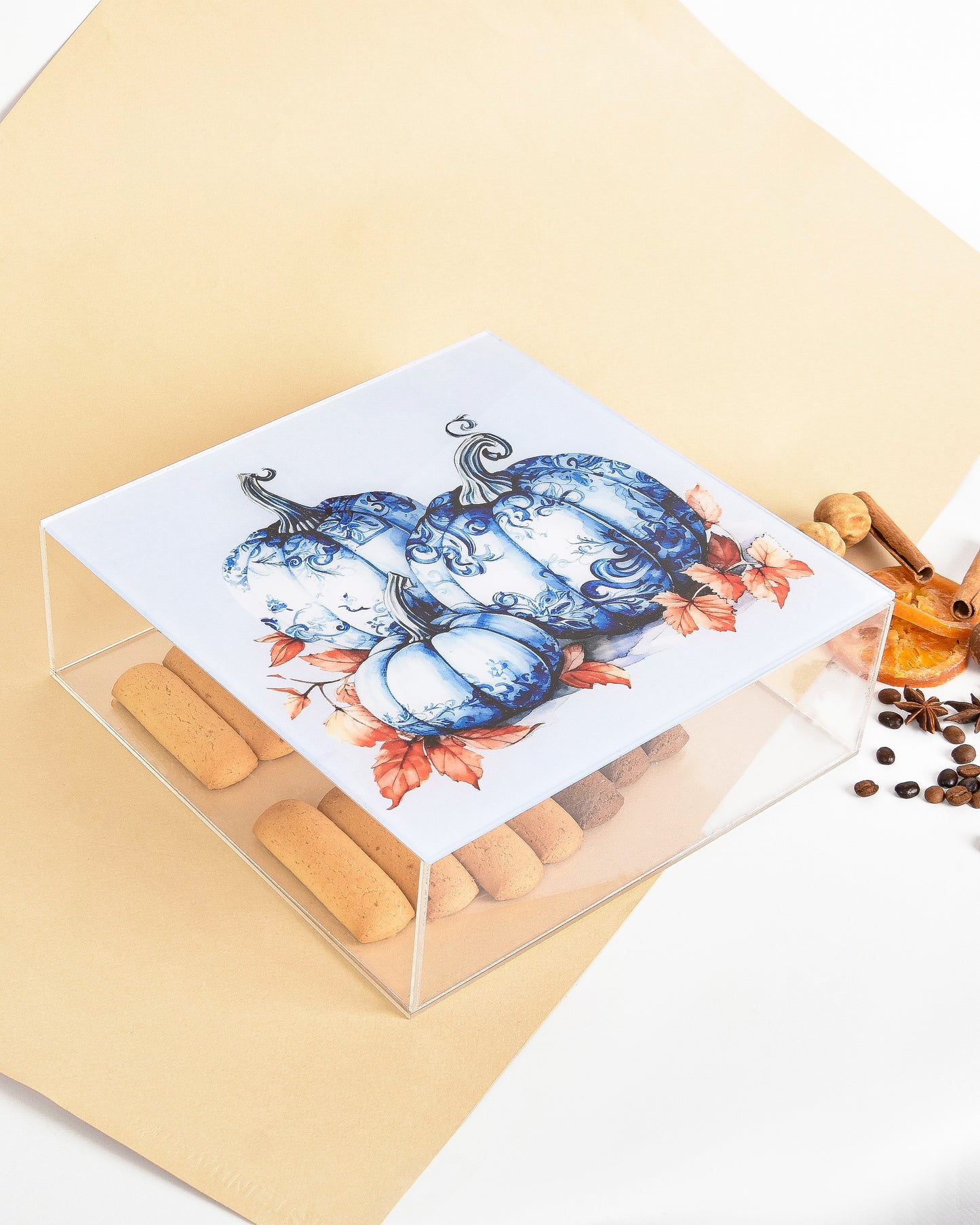 Blue Pumpkins with Autumn Leaves Plexi Box 25X25CM