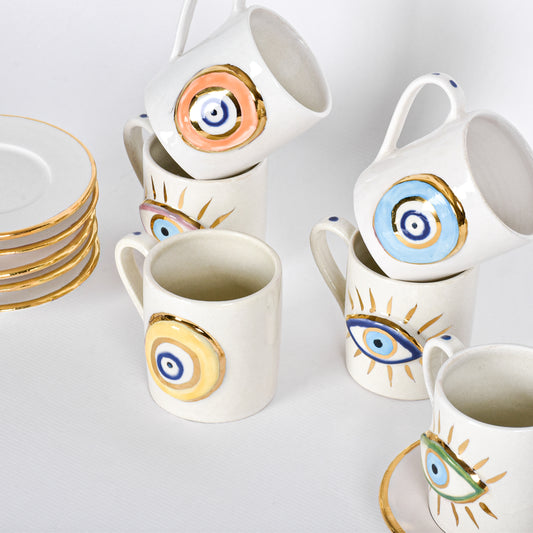 Embossed Eyes Handmade Turkish Coffee Cups set of six