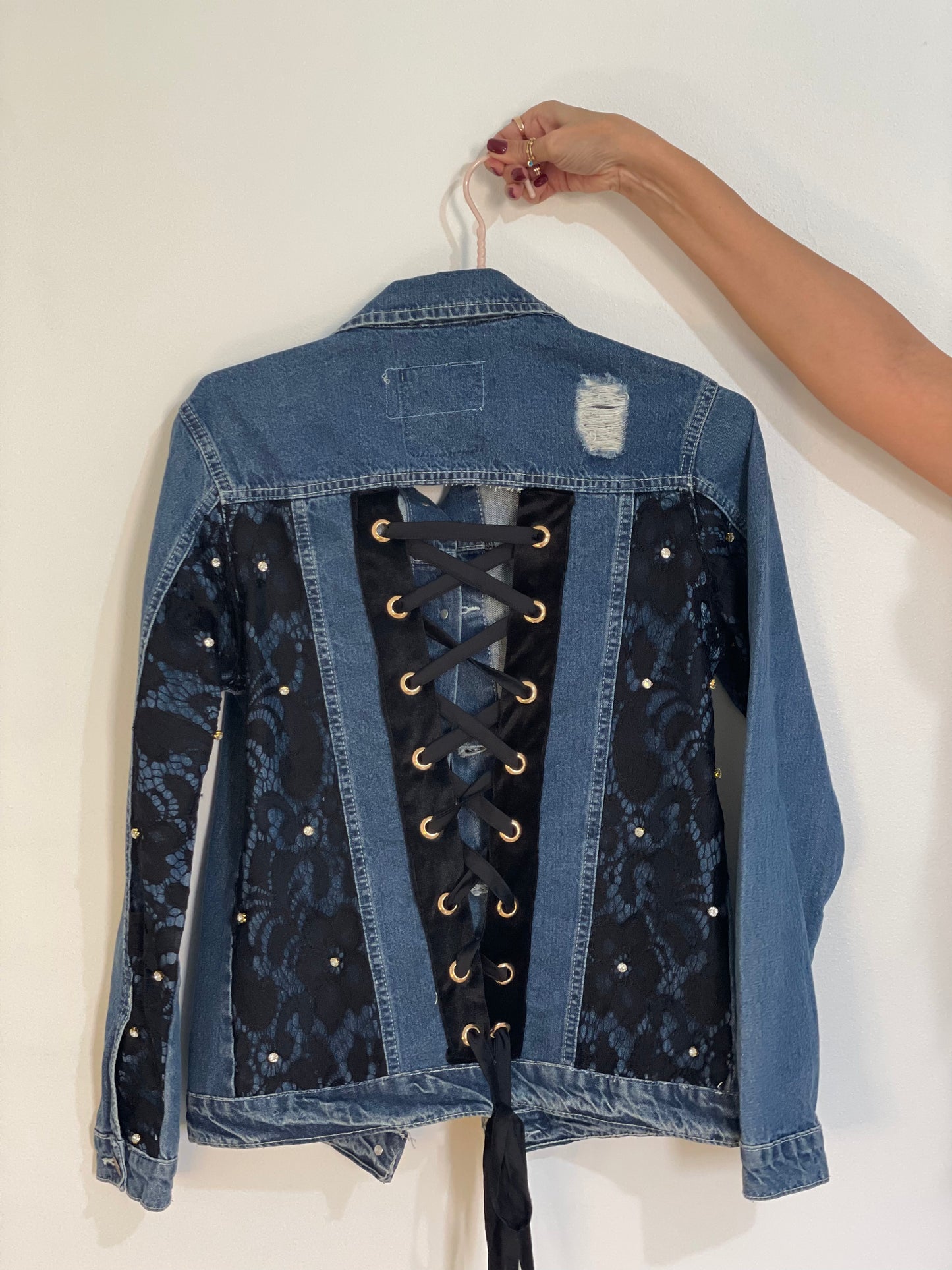 Blue Long With Black Lace and Flowers Open Back Denim Jacket