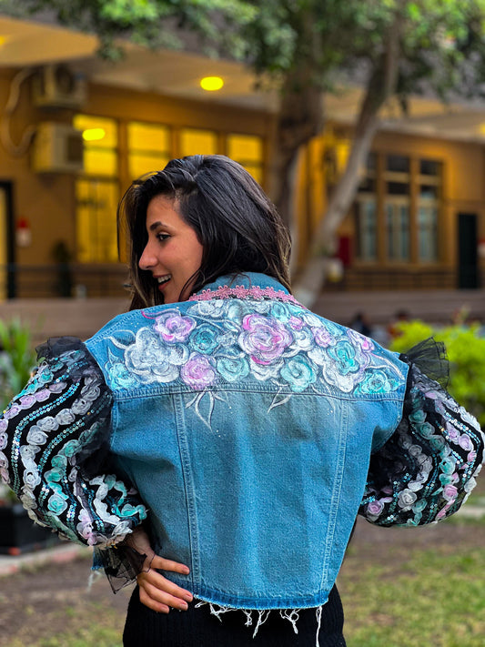 Blue Denim Jacket with Flowery Lace Arms and Colored Flowers
