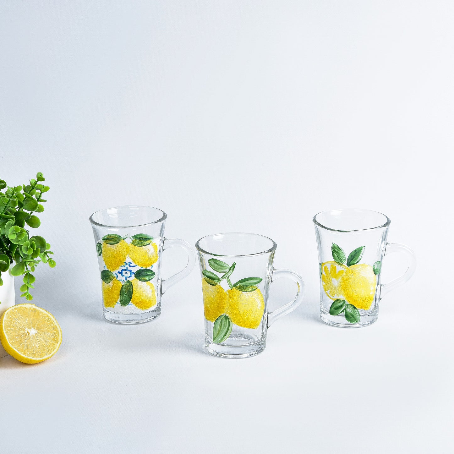 Fresh Lemones with Blue Tea Mugs With Handles Set of Six