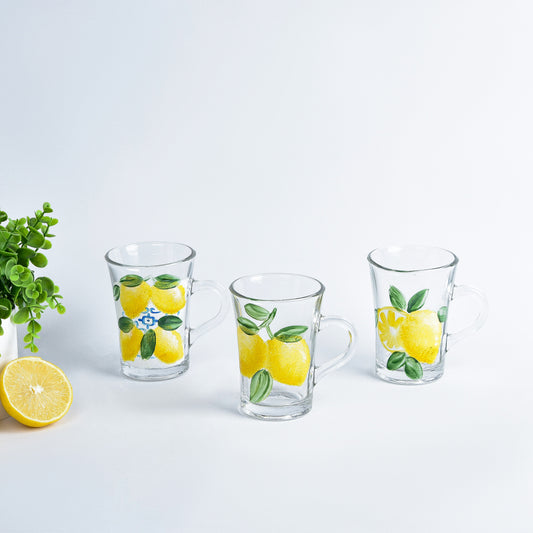 Fresh Lemones with Blue Tea Mugs With Handles Set of Six