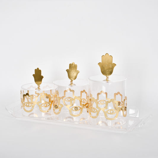 Fatima Hands Round Boxes Set of 3 With Plexi Tray - Gold
