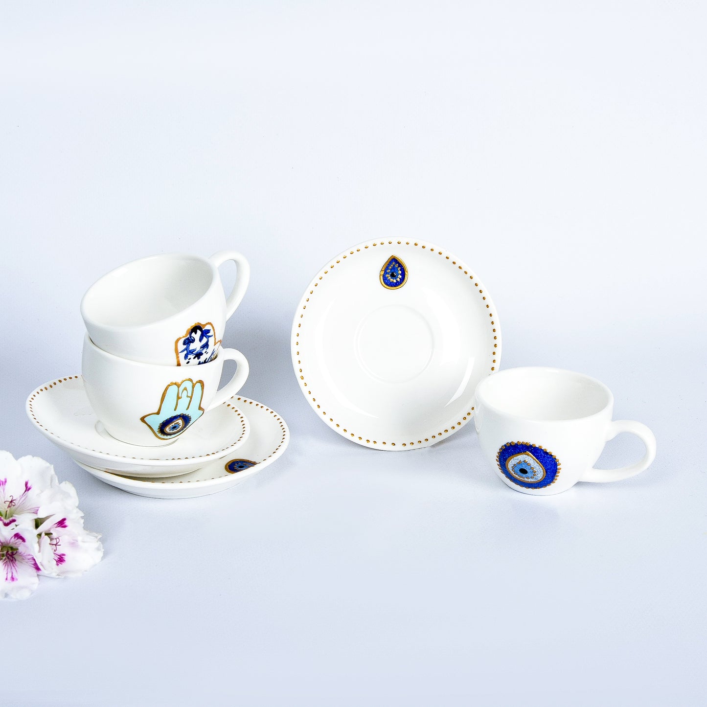Fatima Hands and Blue Eyes Collage Turkish Coffee Cups with Saucers Set of Six