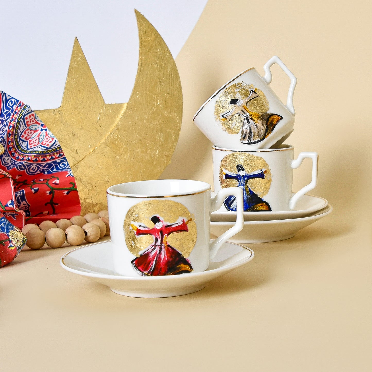 Egyptian Khayamiah Dervish with Gold Leaf – Turkish Coffee Cups Set of Six