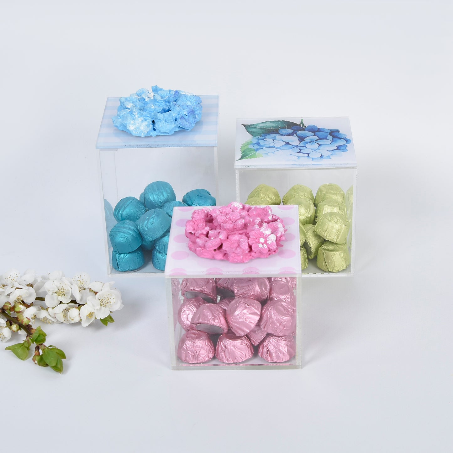 Hydrangea with Dots and Stripes Plexi Boxes set of 3