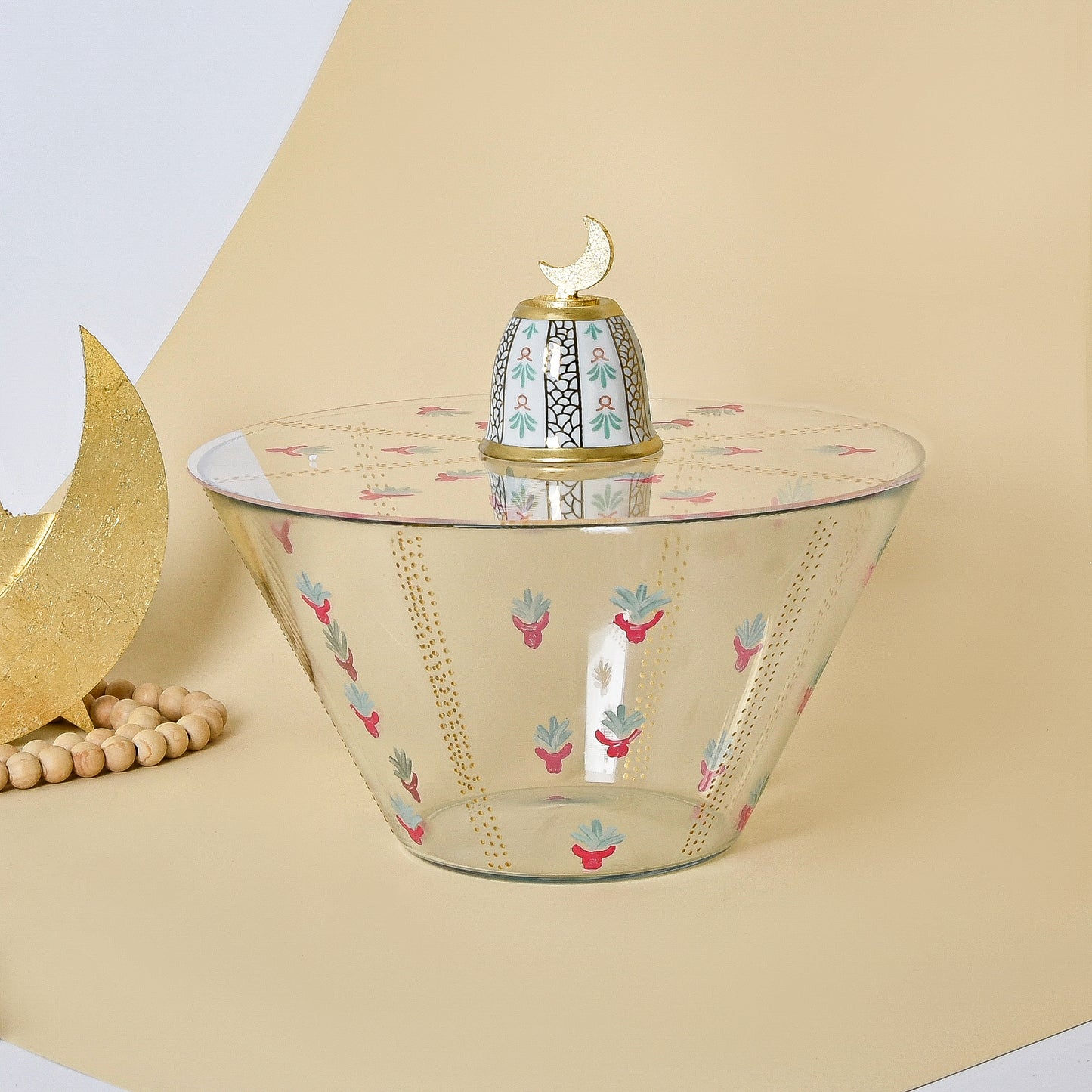 Bedouin Cups and Gold Leaf Crescent – Glass Bowl with Acrylic Cover (Set of Two)