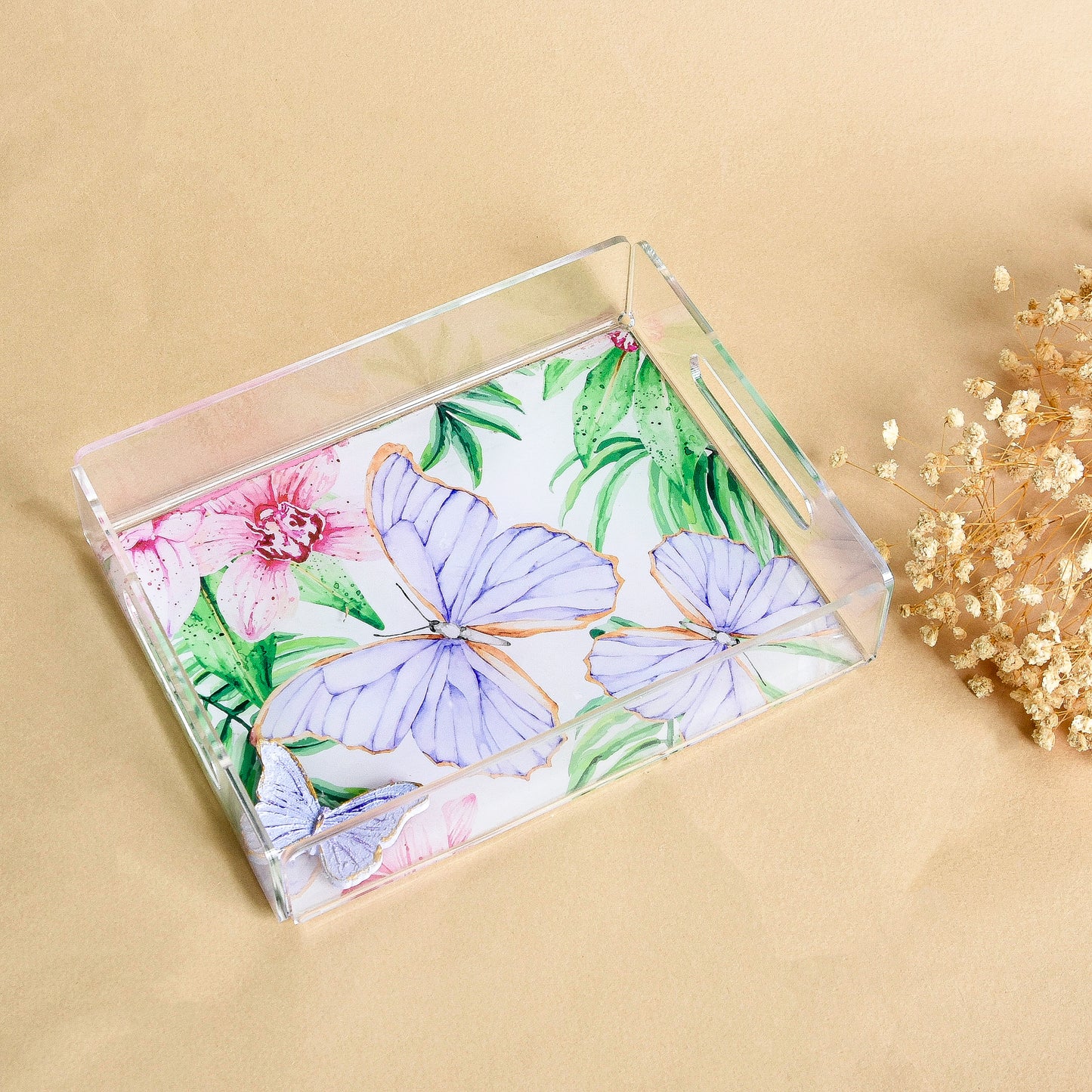 Purple Butterfly Transparent Coffee Cup Tray Set