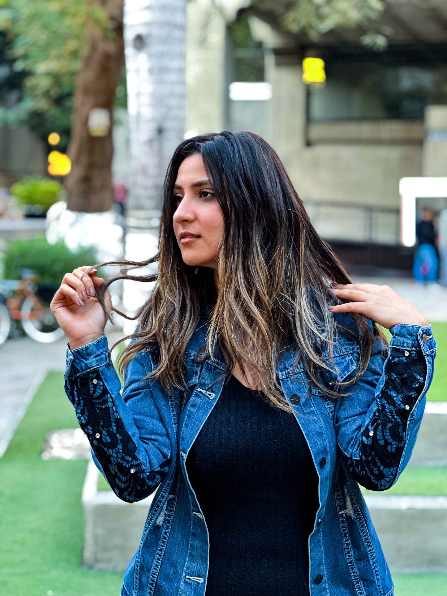 Blue Long With Black Lace and Flowers Open Back Denim Jacket
