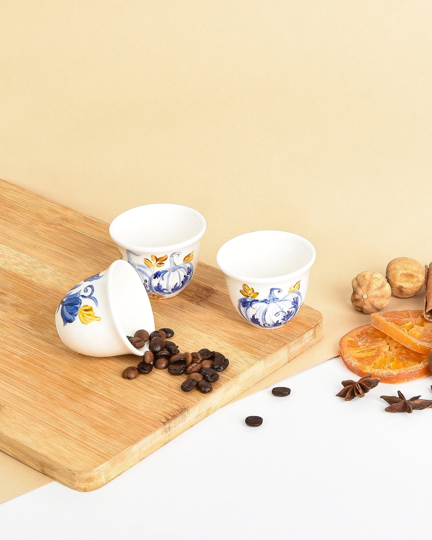 Blue Pumpkins with Autumn Leaves Arabic Coffee Cups Set of Six