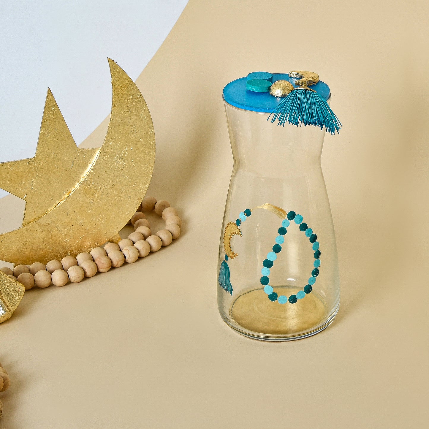 Blue Beaded Crescent with Gold Leaf – Transparent Glass Water Carafe