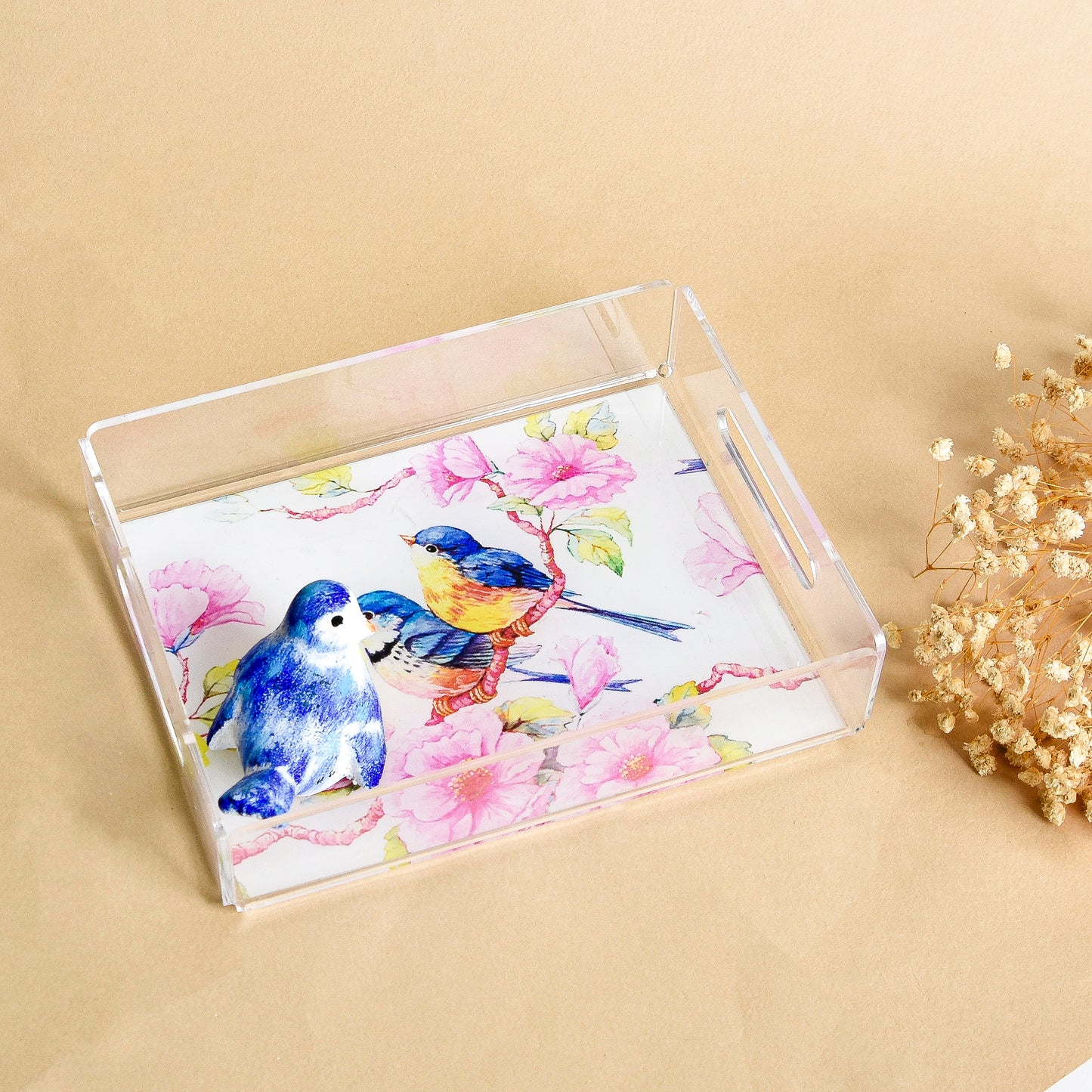 Blue & Yellow Bird Transparent Coffee Cup Tray Set