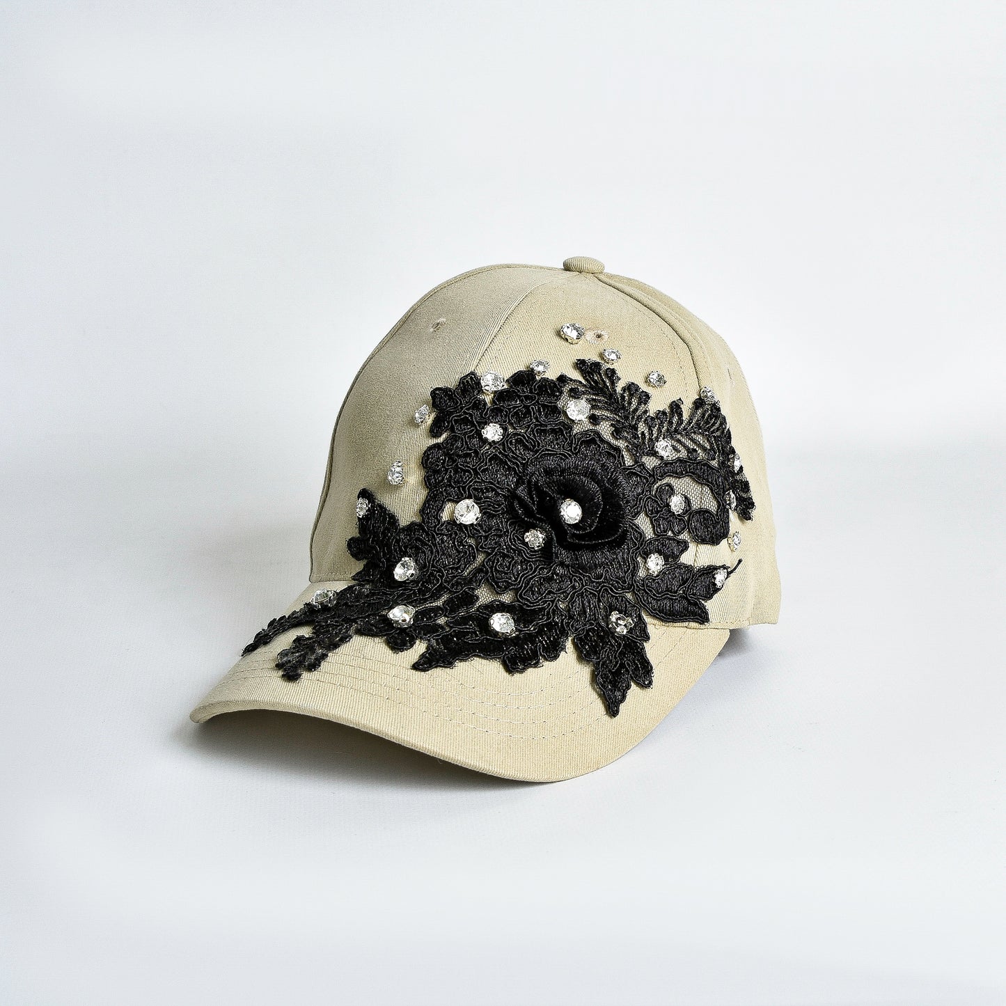 Black Lace and Rhinestones Beige Cap