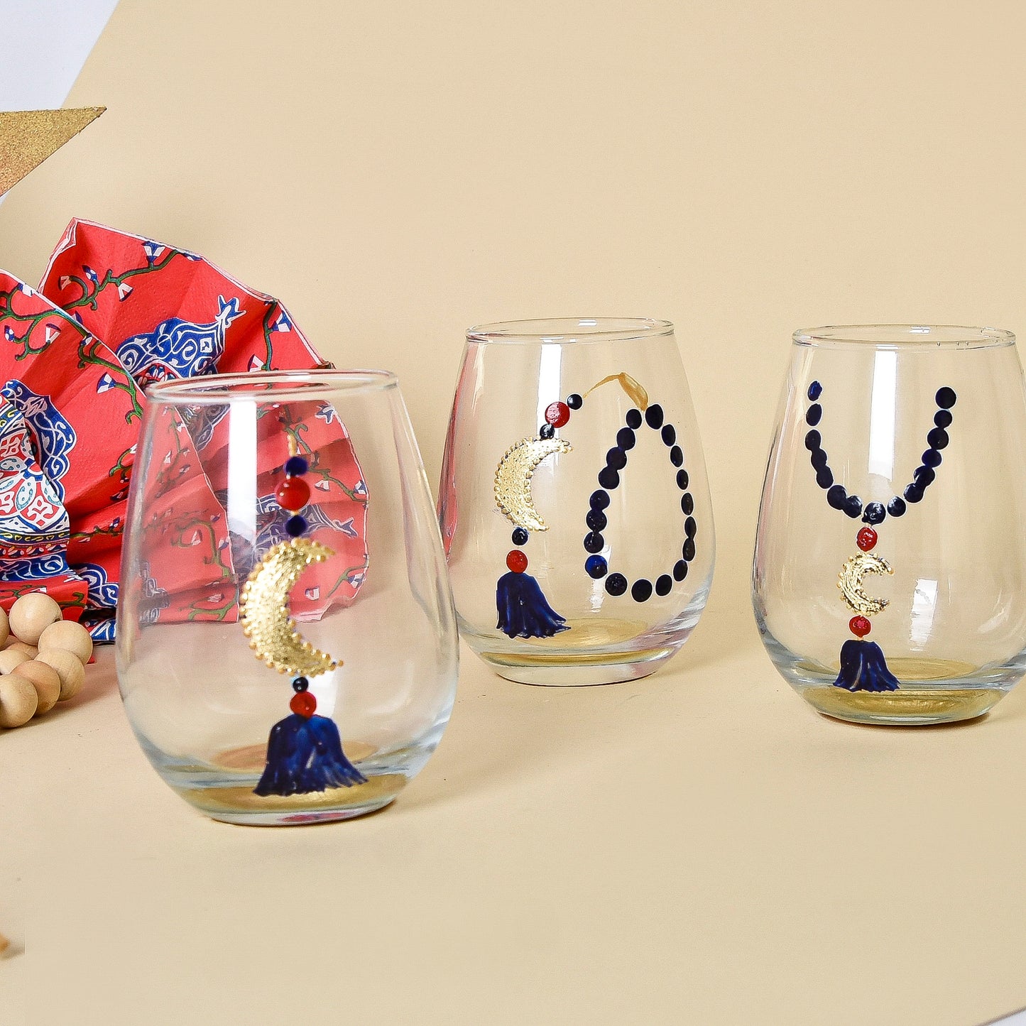 Egyptian Khayamiah Beaded Crescent with Gold Leaf – Water Glasses Set of Six