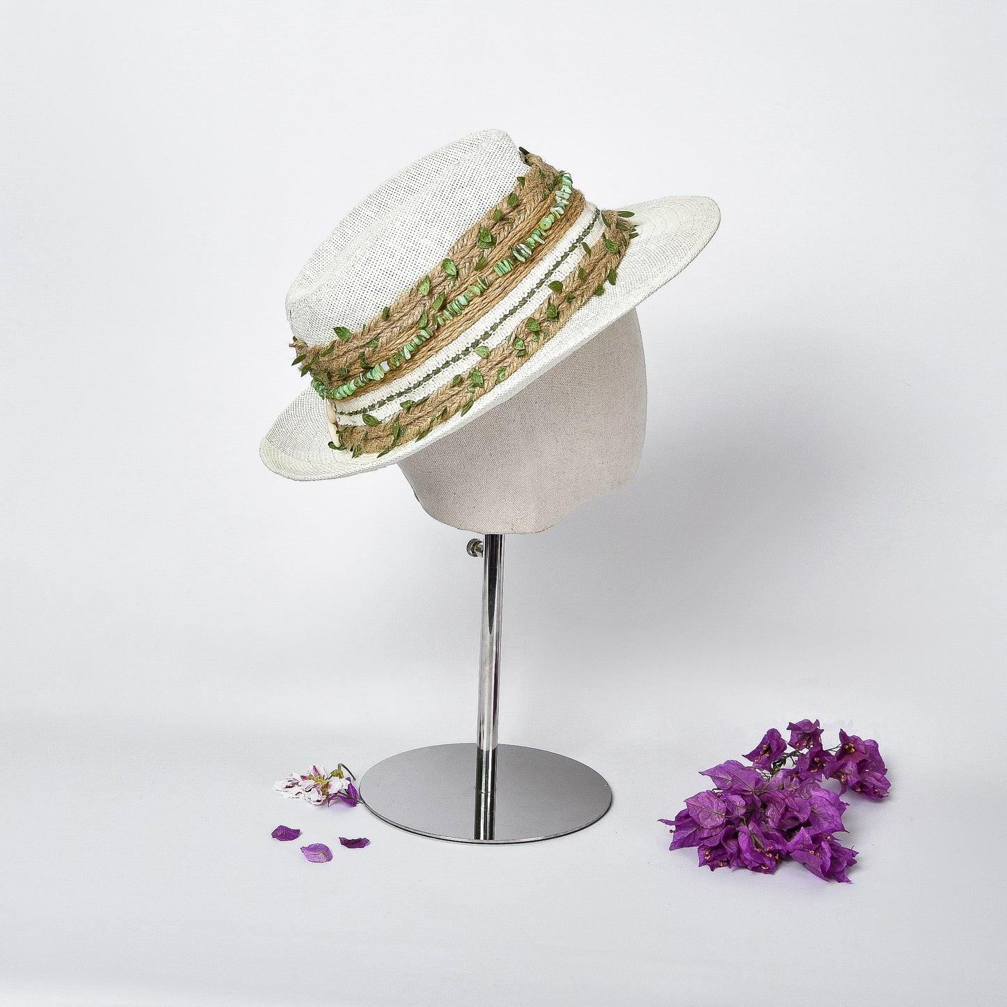 Beige Embellished Hat with Green