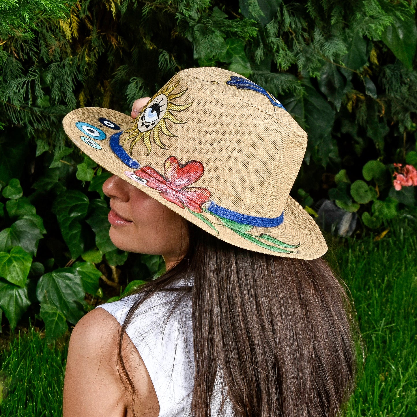 Medium Fatima Hand, Flowers, and Eyes Beige Hat