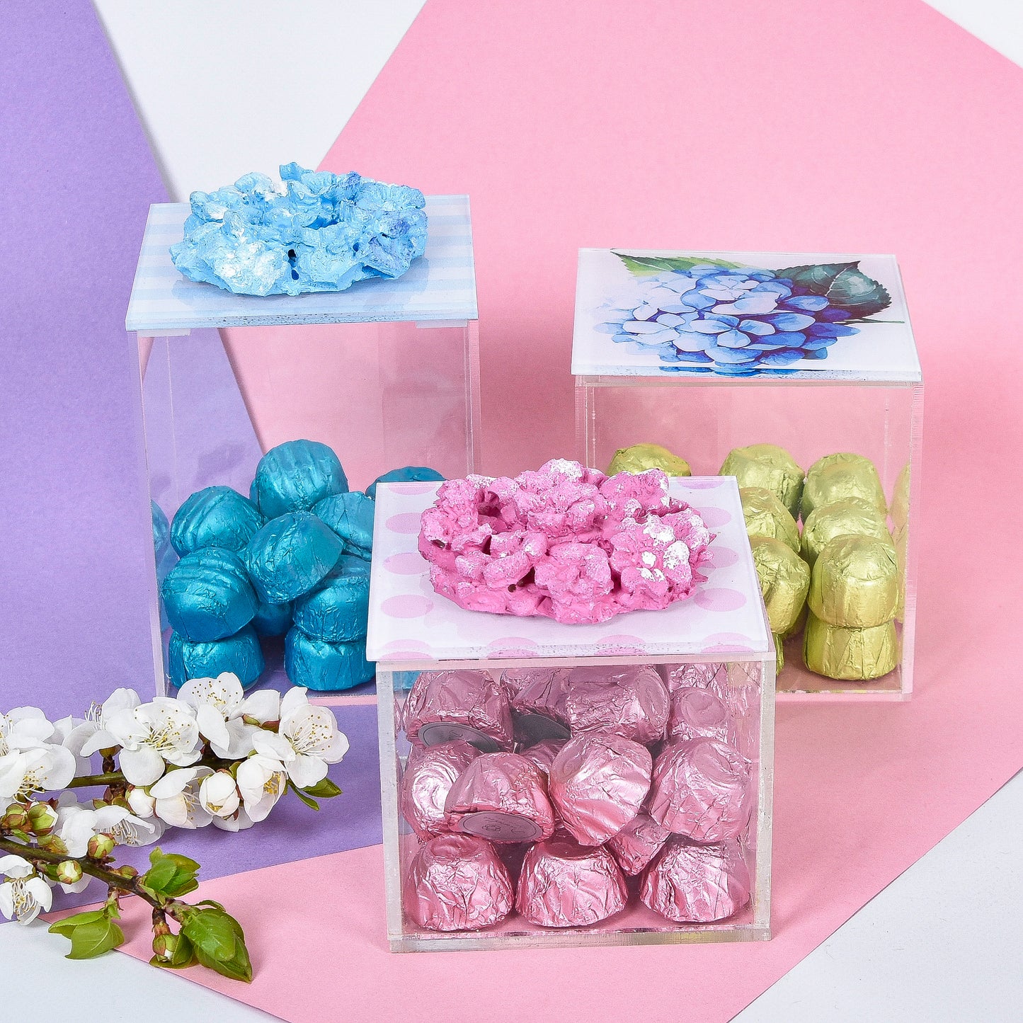 Hydrangea with Dots and Stripes Plexi Boxes set of 3
