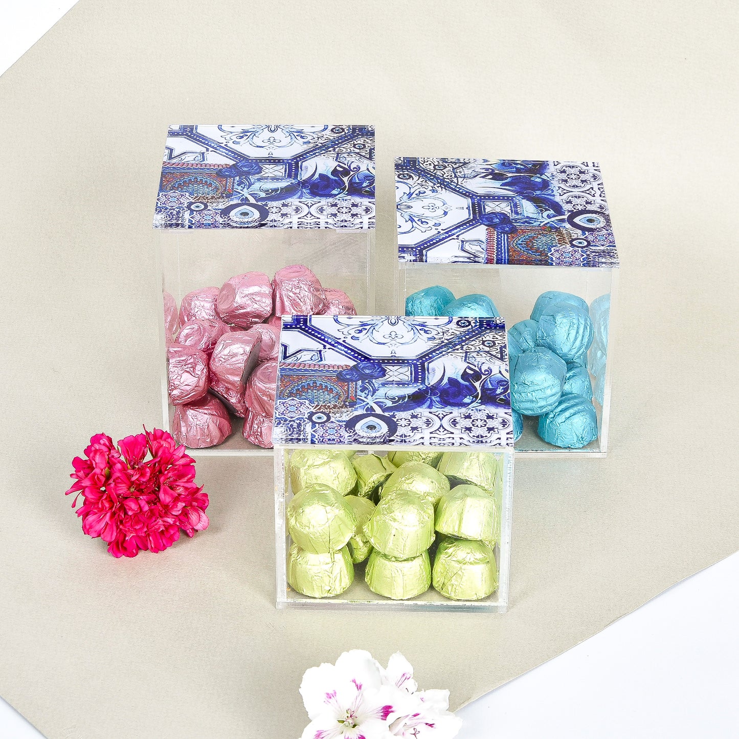Fatima Hands and Blue Eyes Collage Plexi Boxes set of 3