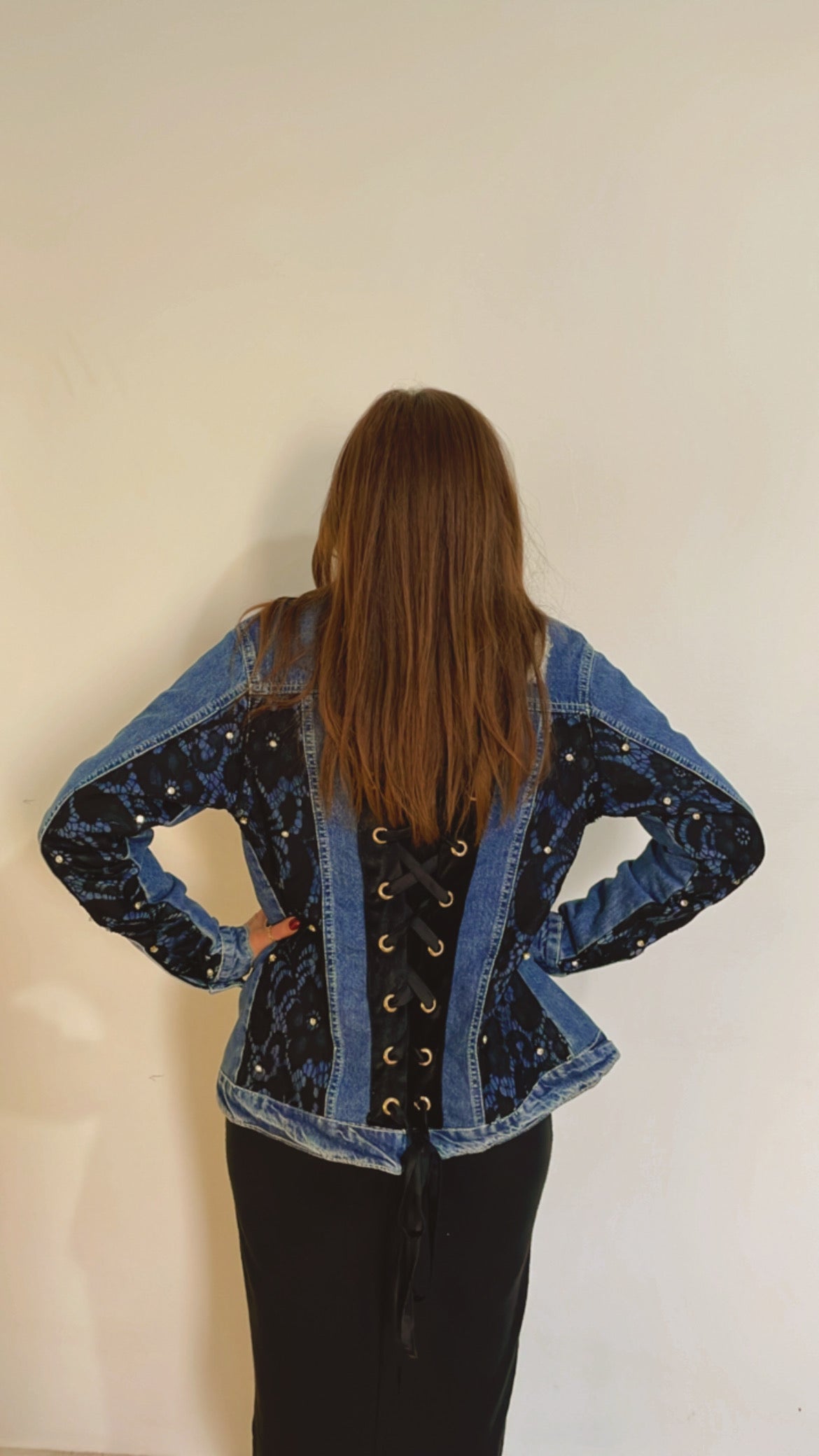 Blue Long With Black Lace and Flowers Open Back Denim Jacket