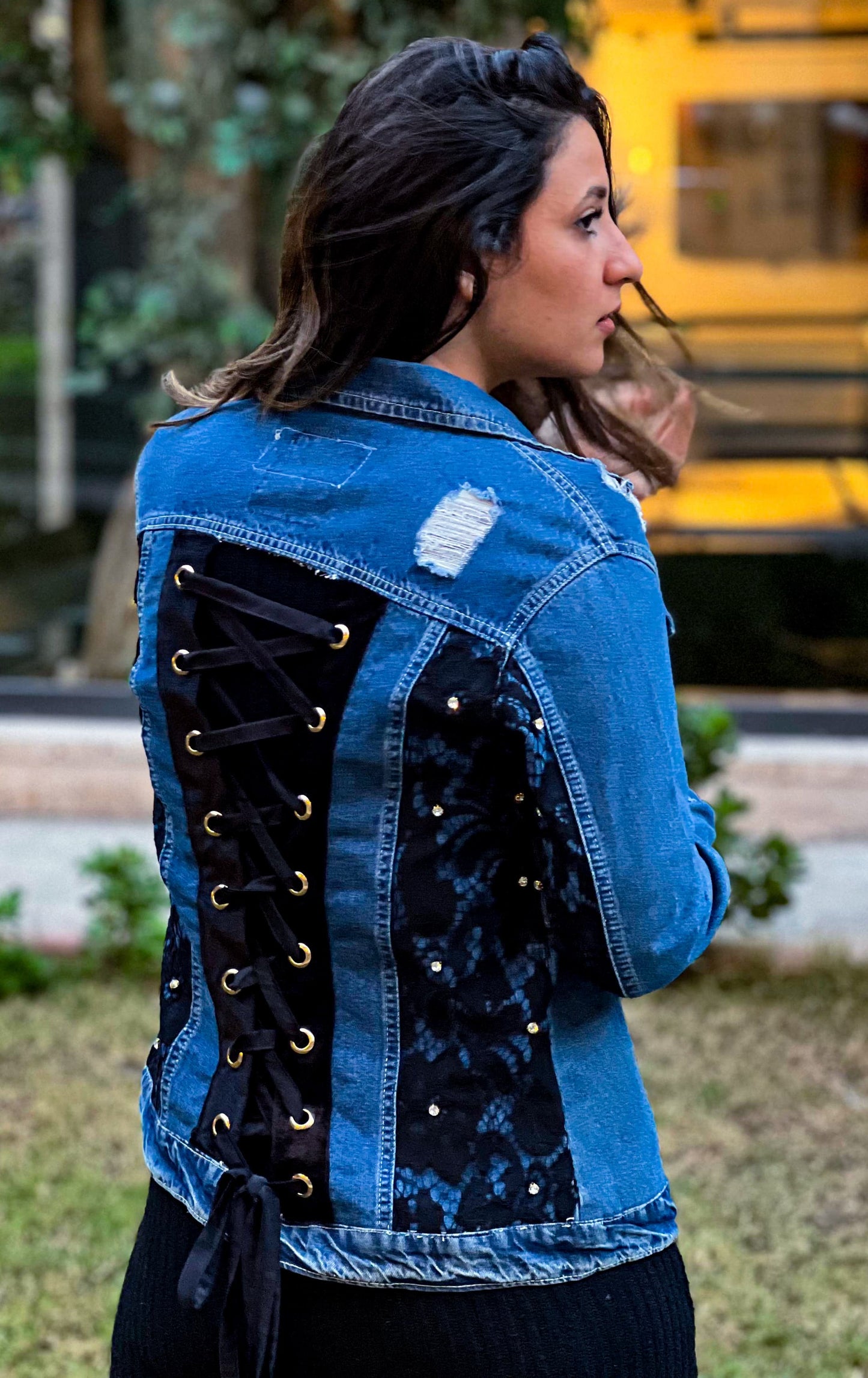 Blue Long With Black Lace and Flowers Open Back Denim Jacket