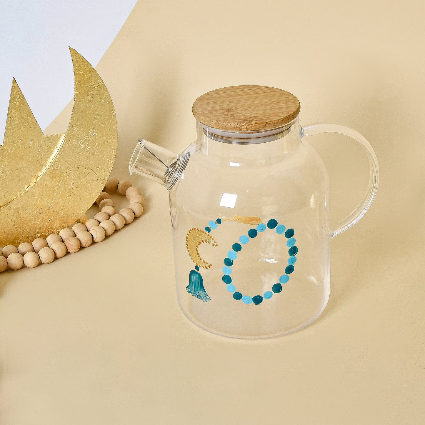 Blue Beaded Crescent with Gold Leaf – Transparent Glass Teapot