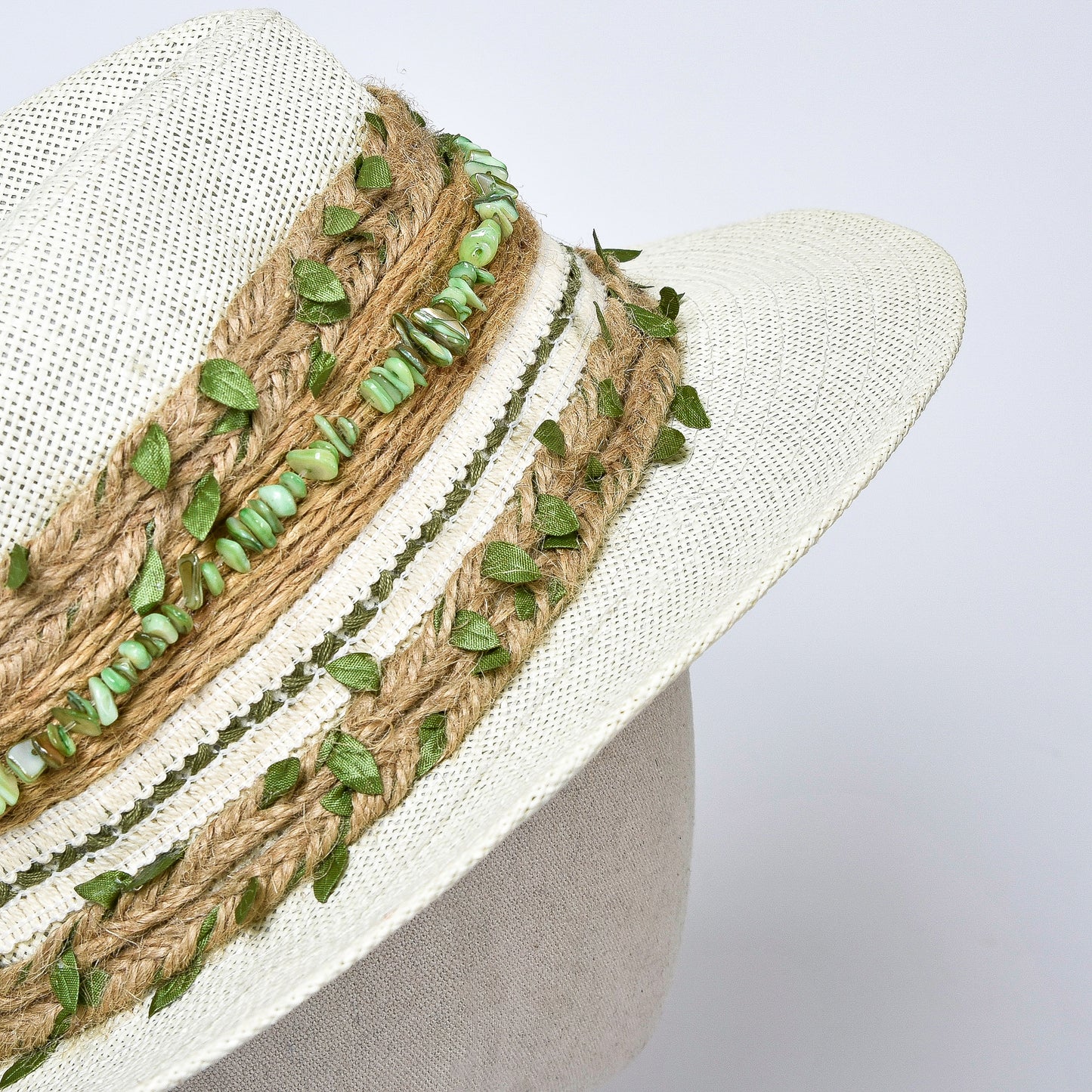 Beige Embellished Hat with Green