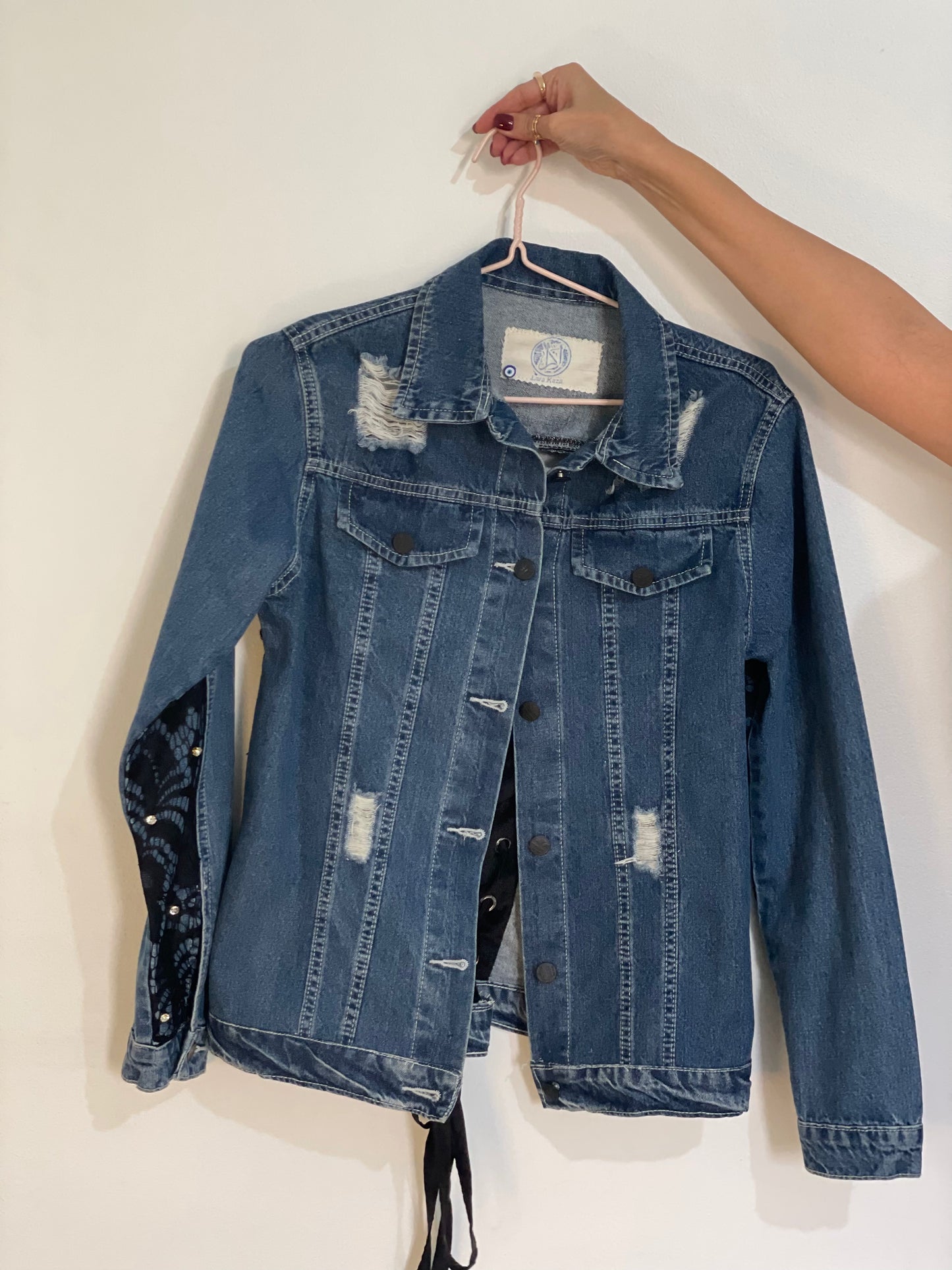 Blue Long With Black Lace and Flowers Open Back Denim Jacket