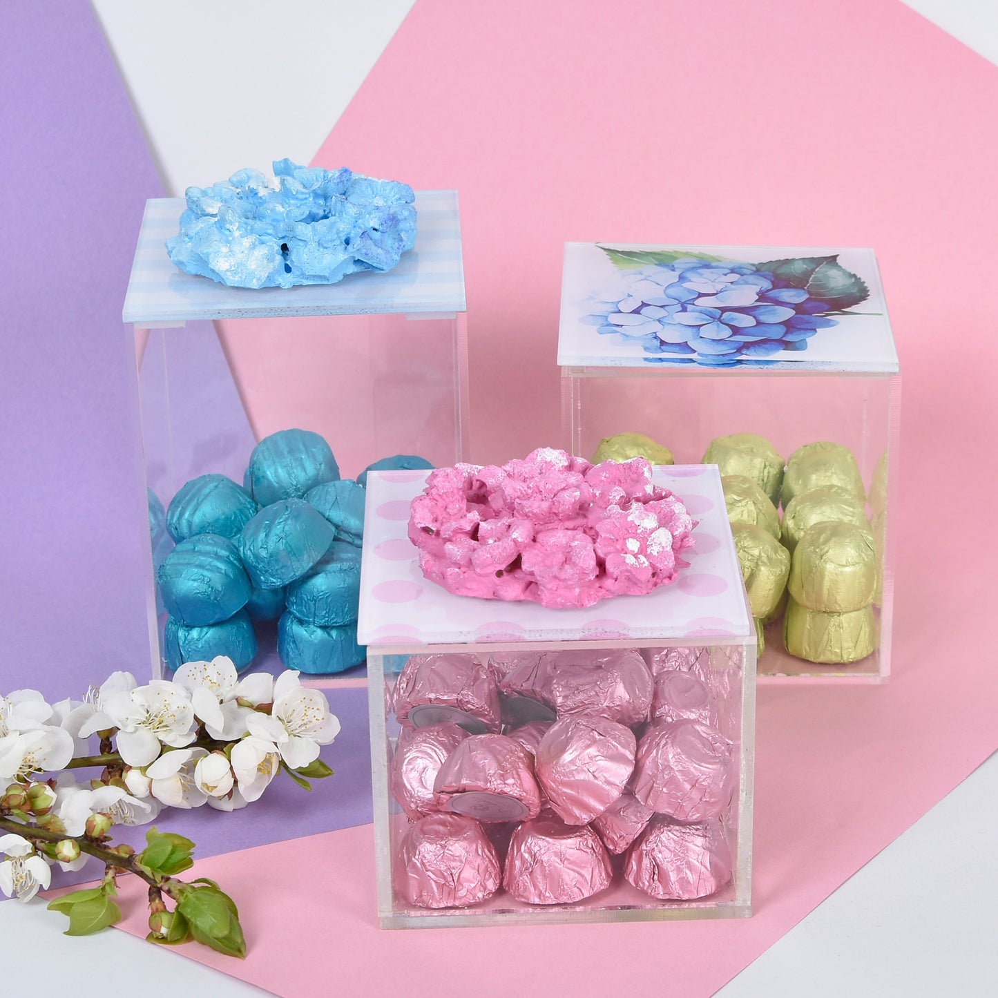 Hydrangea with Dots and Stripes Plexi Boxes set of 3