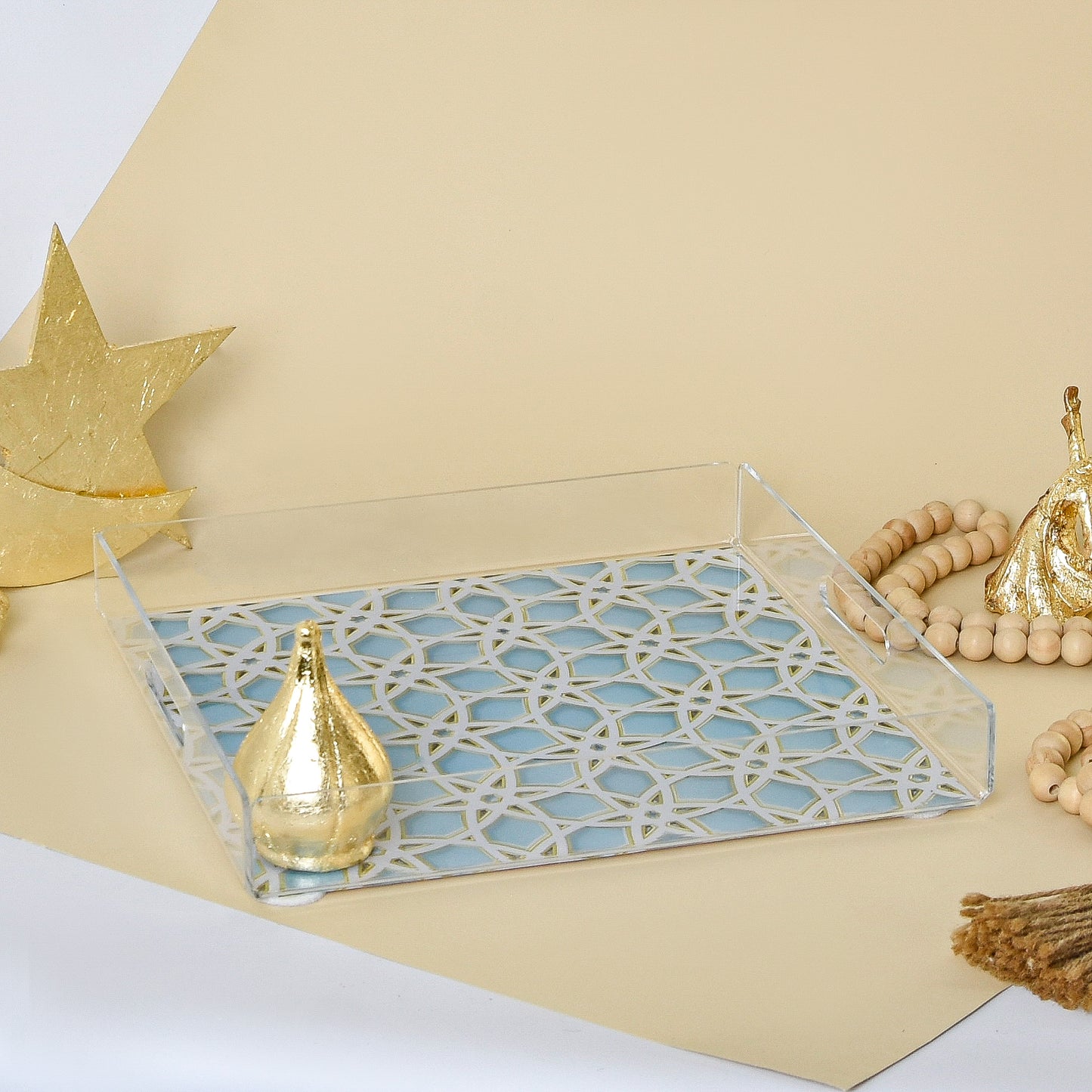 Light Blue & Gold Islamic Motifs – Acrylic Serving Tray
