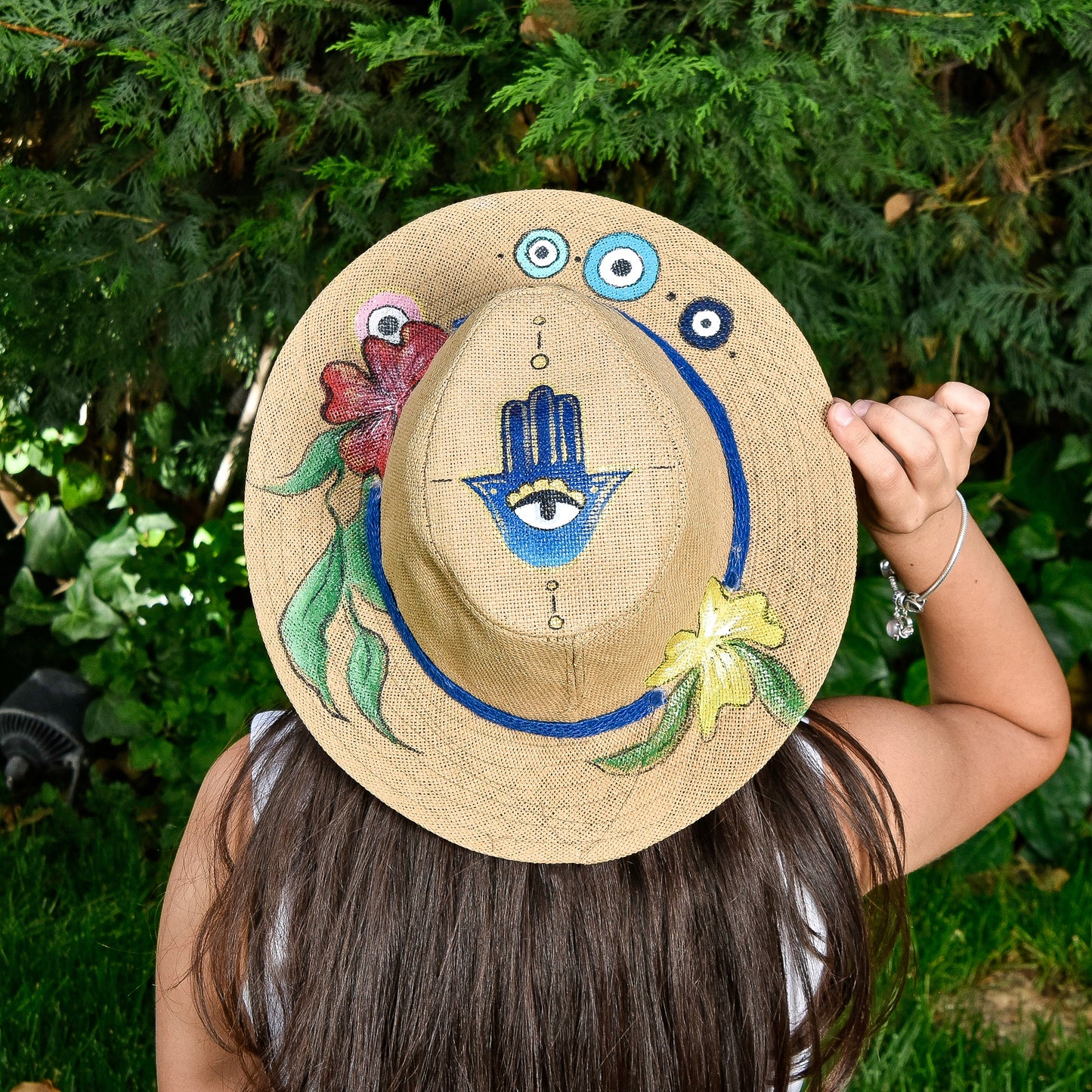 Medium Fatima Hand, Flowers, and Eyes Beige Hat