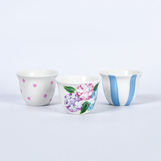 Hydrangea with Dots and Stripes Arabic Coffee Cups set of six