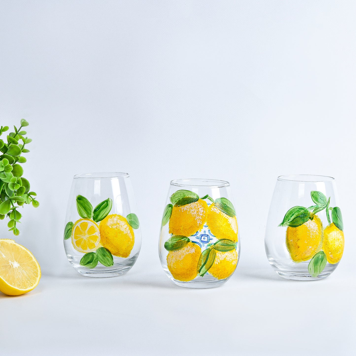 Fresh Lemones with Blue Water Cups Set of Six