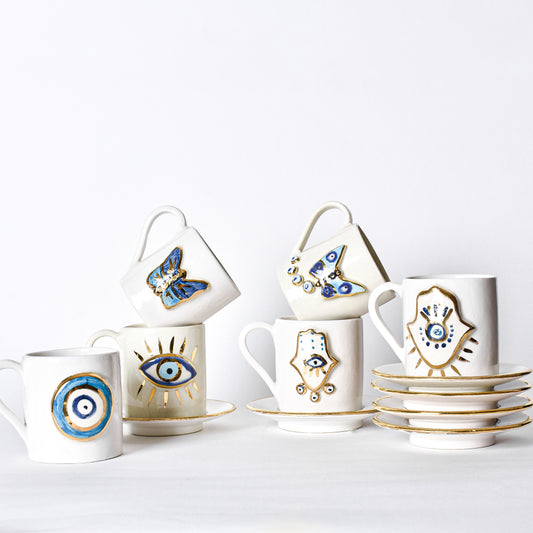 Embossed Eyes, Fatima Hands and Butterflies Handmade Turkish Coffee Cups set of six