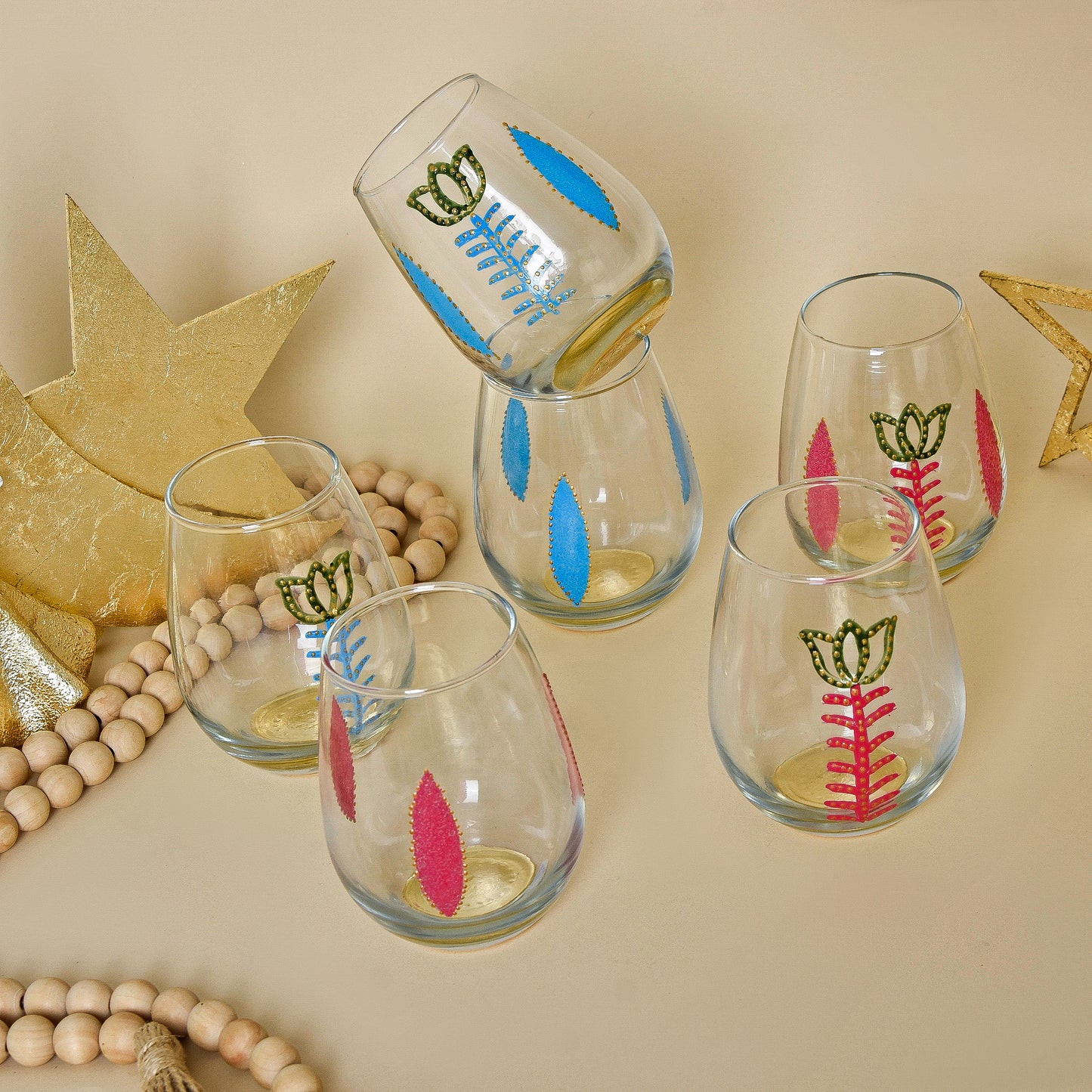 Lebanese Cups and Gold Leaf Crescent Water Glasses Set of Six