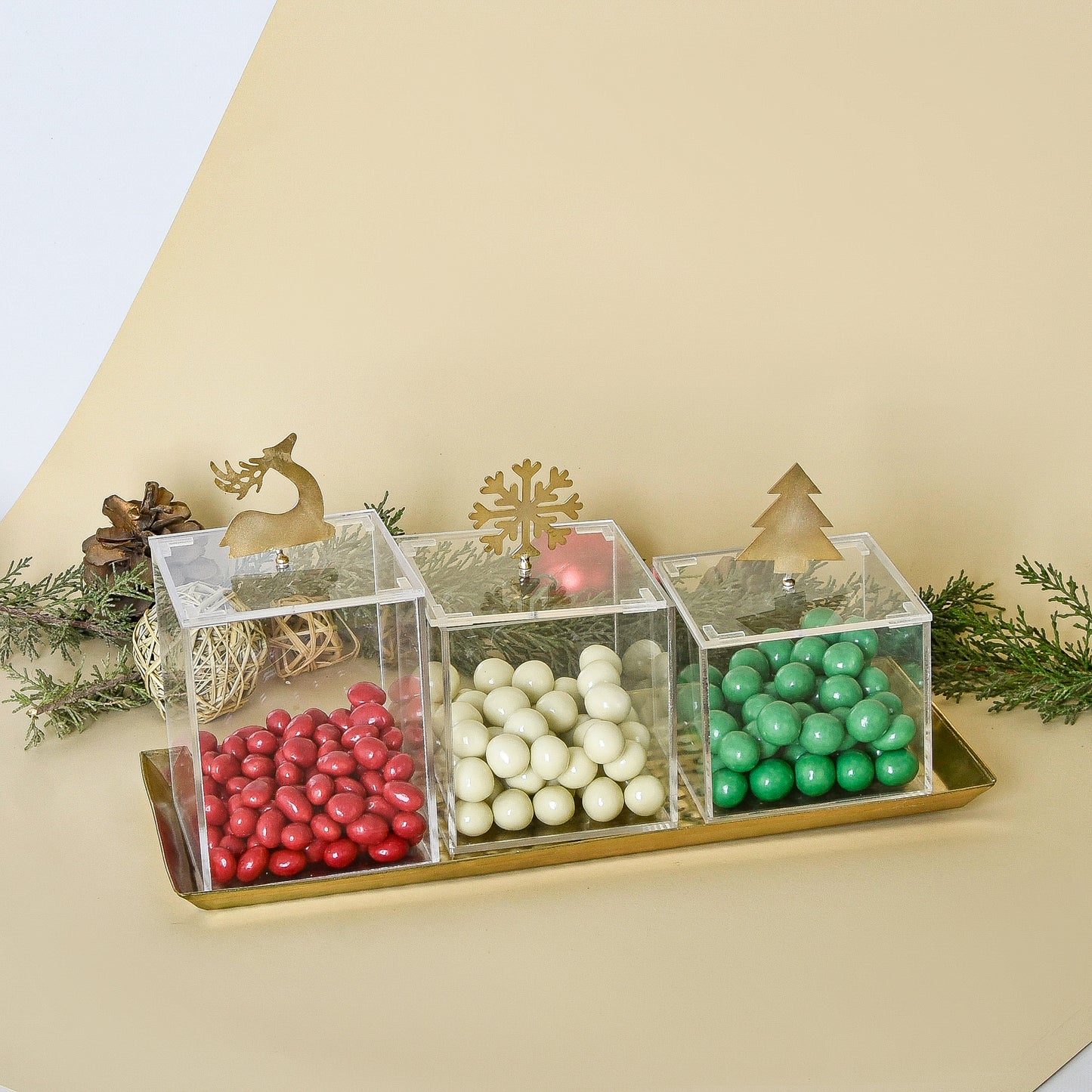 Christmas Gold Brass Ornaments – Set of Three Boxes with Hammered Brass Tray