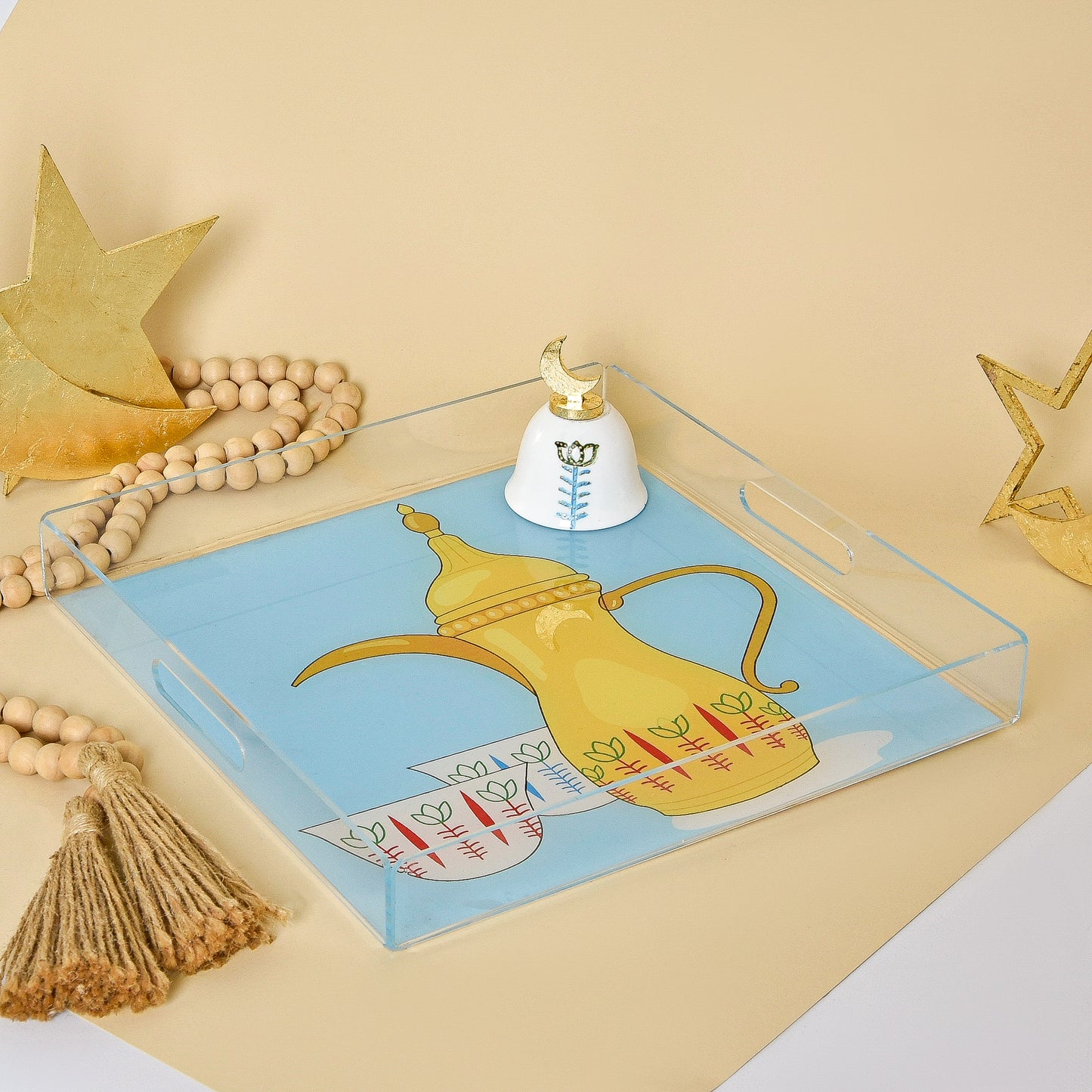 Lebanese Cups and Gold Leaf CrescentAcrylic Serving Tray
