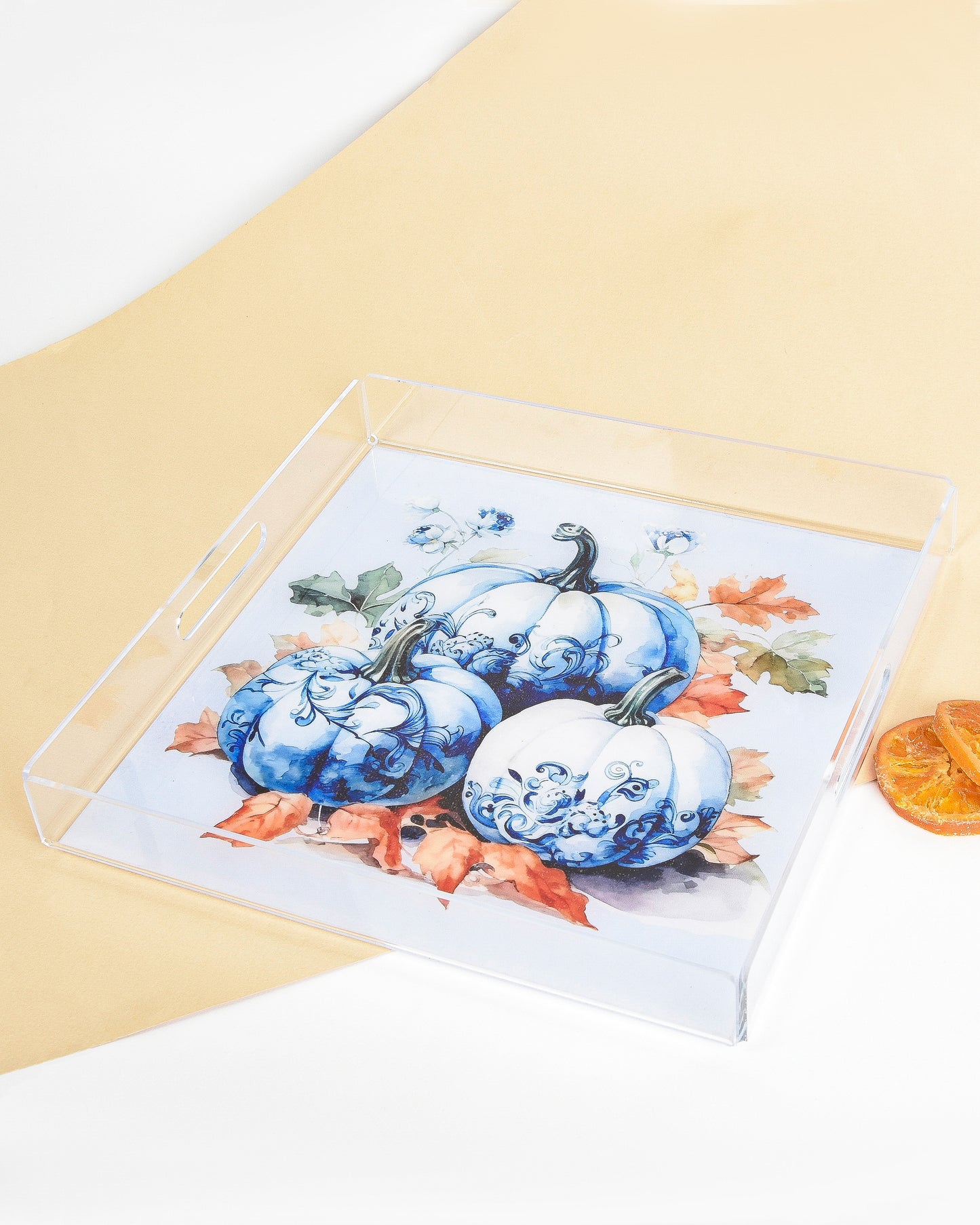 Blue Pumpkins with Autumn Leaves Plexi Tray 30X30CM