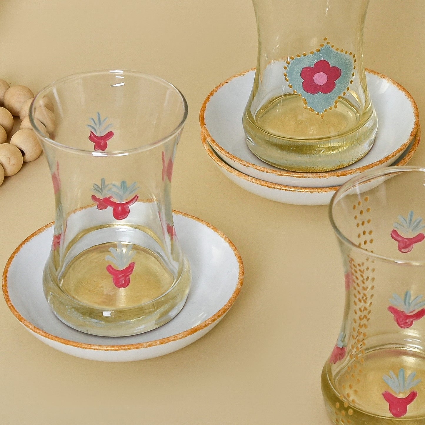 Bedouin Cups and Gold Leaf Crescent – Tea Cups with Porcelain Saucers Set of Six