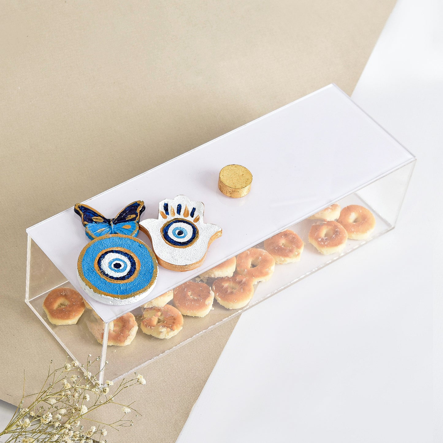 Embossed Eyes, Fatima Hands and Butterflies Handmade Plexi Long Box 10X30CM