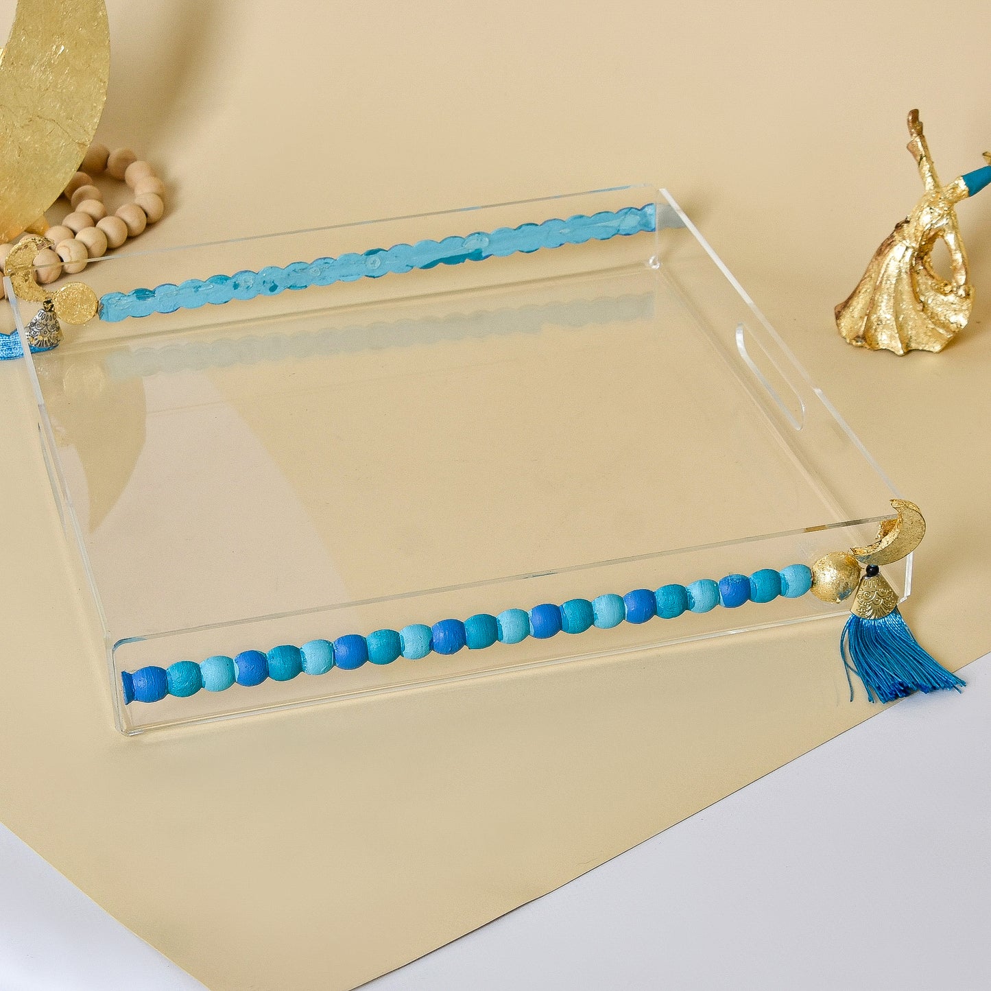 Blue Beaded Crescent with Gold Leaf – Acrylic Serving Tray