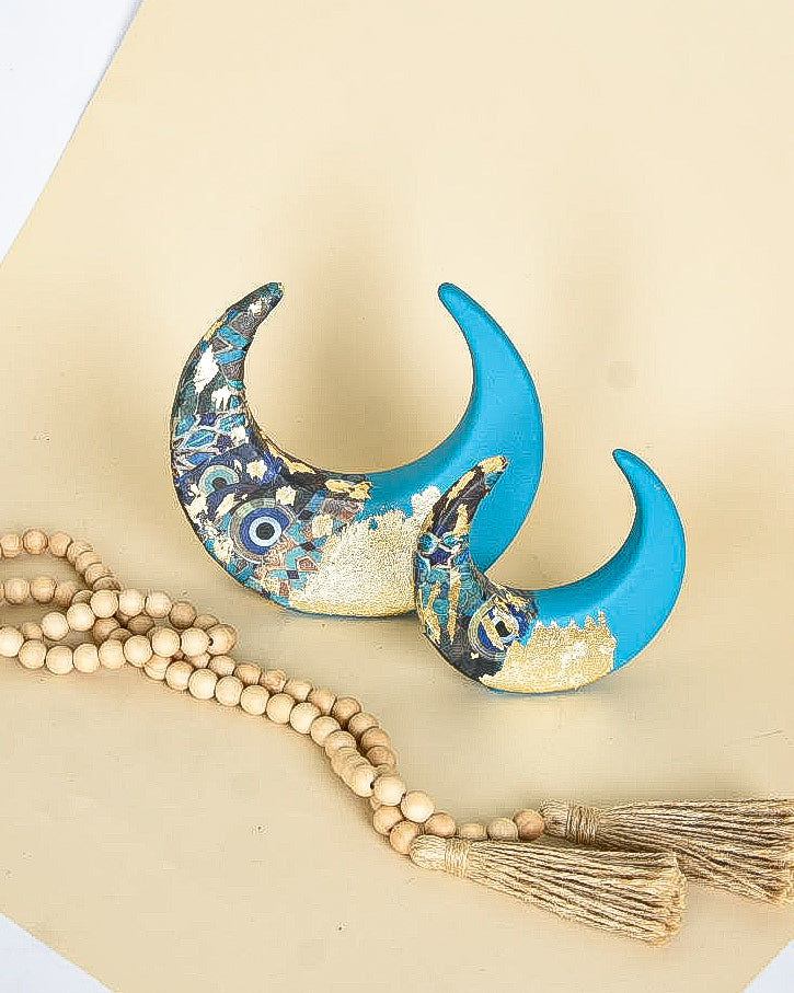 Turquoise & Gold Embellished Decorative Crescent – Set of Two